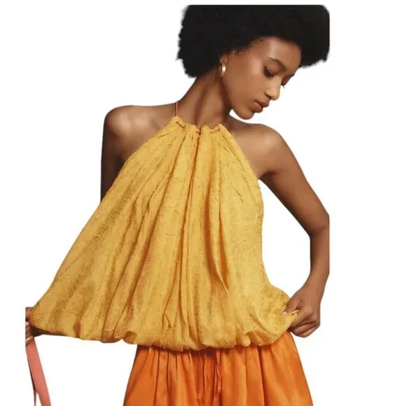 Anthropologie Halter Parachute Bubble-Hem Crinkle Toggle Tank Yellow Size S, NWT - Picture 3 of 9
